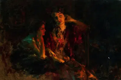 Mother and daughter in the glow of the stove by Albert Ritzberger — digital art print download