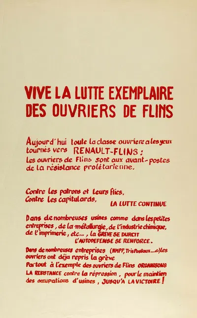 Vive La Lutte Exemplaire Des Ouvriers De Flins by Atelier de l'Ecole Nationale Supérieure des Beaux-Arts, 1968 — digital…