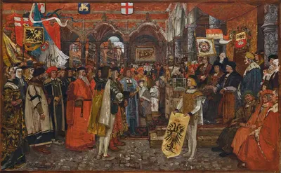 De nieuwe handelsbeurs voor alle kooplieden door de wethouders ingehuldigd, met aanspraak door den stadspensionaris in 1532…