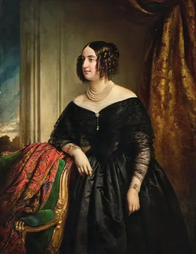 Портрет Каролины фон Грюнне (Вена 1832–1911 Грац) в черном платье с изысканным жемчужным ожерельем by Франц Шротцберг, 1847…