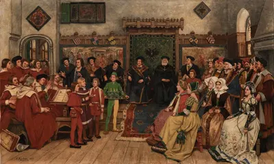 De toonzetter Benedictus des Hertogen met stadsspeellieden en zangers voor de nieuwe Magistraat by Henri Houben, 1899 —…