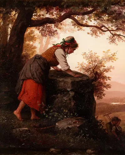 Young girl watching a pair of lovers by Johann Georg Meyer von Bremen, 1883 — digital art print download