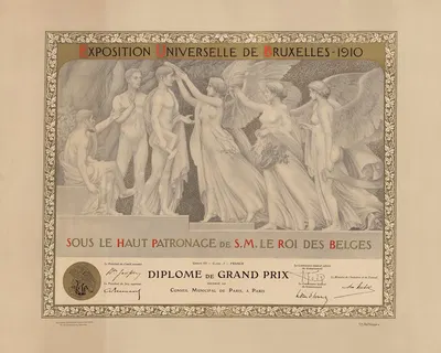 Exposition universelle de Bruxelles 1910 Sous le haut patronage de S. M. le roi des Belges Diplôme de grand prix déc by…
