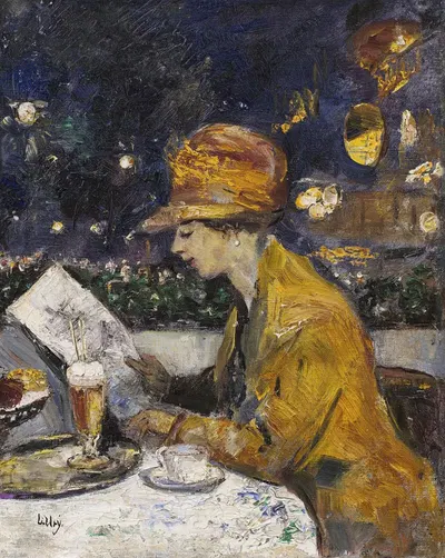 Dame im gelben Kleid im Café (Café Bauer) by Lesser Ury, 1910 — digital art print download
