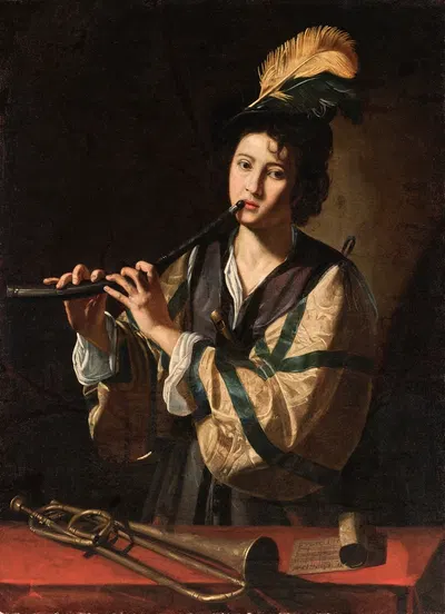 A young man playing a cornet by Nicolas Tournier — digital art print download