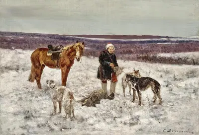 Hunter with a Slain Wolf in a Vast Winter Landscape by Sergei Semenovich Voroshilov — digital art print download