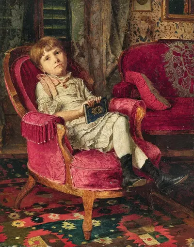 A Girl (Angelina, the Artist’s Niece at the Age of 7) with a Book in a Red Armchair by Uroš Predić, 1884 — digital art…