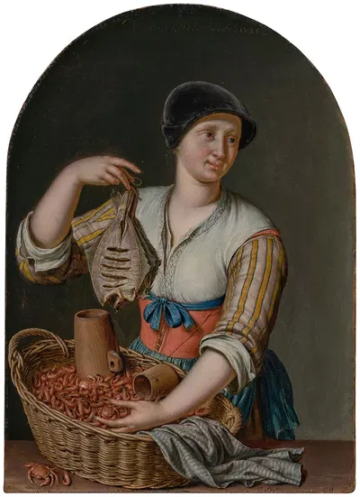 Женщина, продающая рыбу и креветки by Виллем Ван Мейрис, 1725 — digital art print download