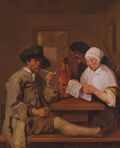 Interior with a man smoking a pipe, a woman reading and a man with a violin by Job Adriaensz Berckheyde — digital art print…