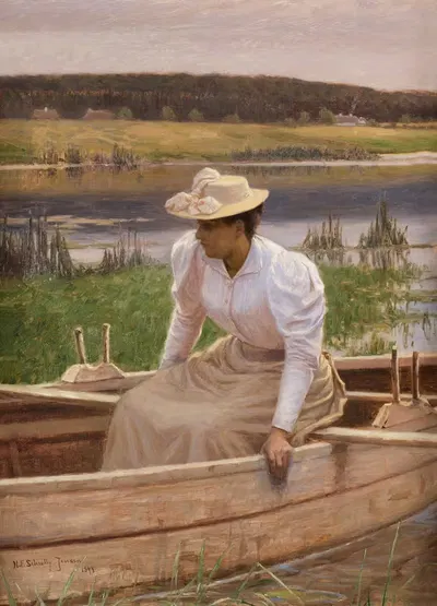 Дама в лодке (Маленькая лодка у берега) by Нильс Фредерик Шиотц-Йенсен, 1894 — digital art print download