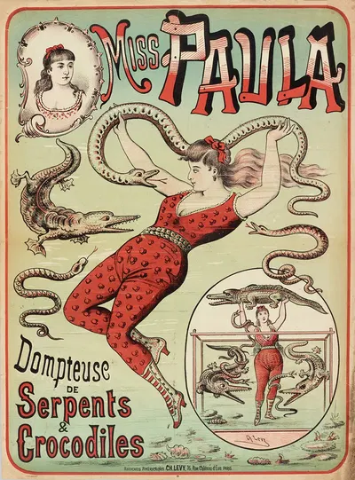 Miss Paula Dompteuse De Serpents & Crocodiles by Imp. Charles Lévy, 1882-1888 — digital art print download
