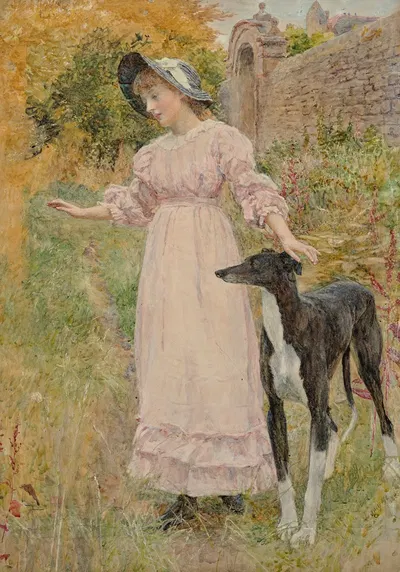 Девушка, идущая по саду с уиппетом by Лионель Перси Смит, 1885 — digital art print download
