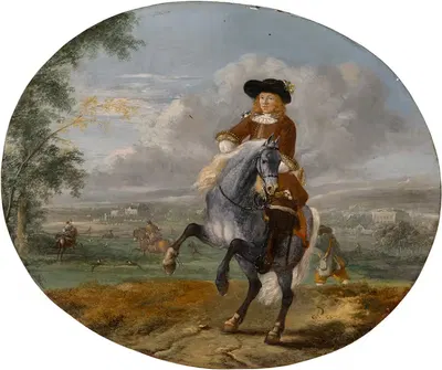 A portrait of a young man on a grey mount, a landscape with a deer hunt beyond by Pieter Wouwerman — digital art print…