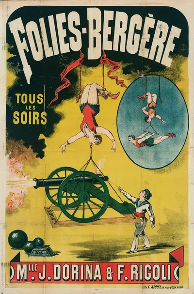 Folies-Bergere Tous Les Soirs Mlle J. Dorina & F. Ricoli by Lith. F. Appel, 1880-1890 — digital art print download