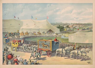 Parade with lion in cage on wagon, circus tent in background by Кэлверт Литографическая Компания, 1891 — digital art print…