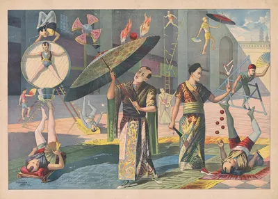 Twelve Asian acrobats performing by Кэлверт Литографическая Компания, 1891 — digital art print download