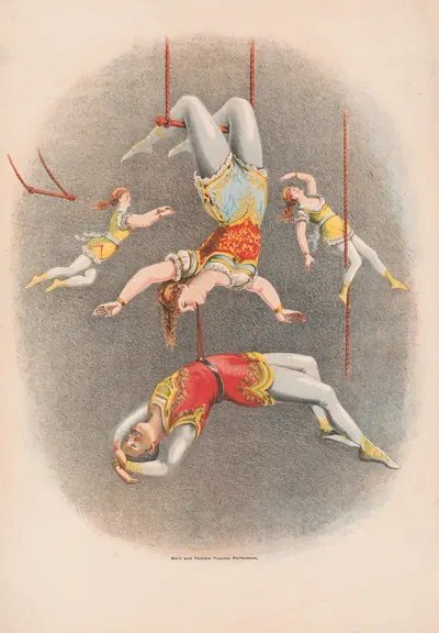 Male and female trapeze performers by Courier Litho. Co., 1875 — digital art print download