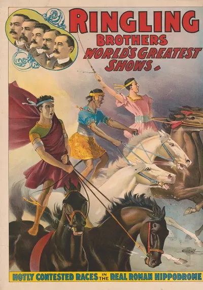 Ringling Brothers world's greatest shows – Hotly contested races in the real Roman hippodrome by Курьер Лито. Ко., 1899 —…