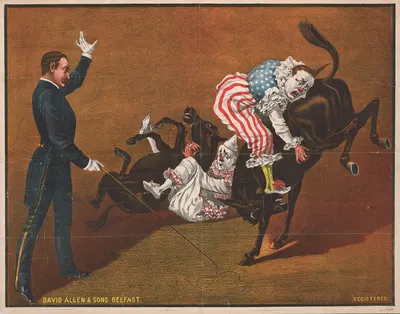 2 clowns, 2 mules and circus trainer by David Allen & Sons — digital art print download
