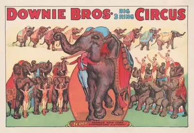 Downie Bros. Big 3 ring circus. 'Teddy' famous New York hippodrome elephant by Erie Litho Co., 1920-1930 — digital art…