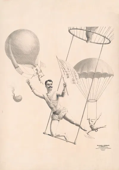 Trapeze artists flying from balloons by Рассел, Морган и Ко, 1899 — digital art print download