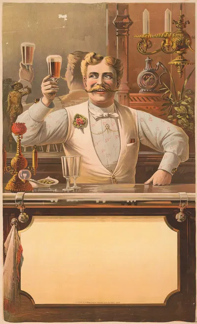Bartender standing behind a bar, holding up a glass of beer in his right hand by Хендерсон-Ахерт Литографическая Компания,…