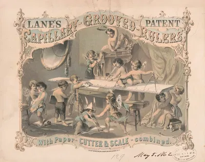 Lanes' patent capillary grooved rulers. With paper-cutter & scale – combined by Сарони, Мэйор и Кнапп Лит., 1862 — digital…