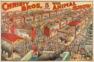 Christy Bros. 5 ring wild animal show circus poster by Riverside Printing Co., 1919-1930 — digital art print download