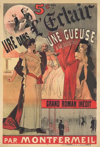Lire dans L'Éclair – une gueuse d'aujourd'hui, grand roman inédit par Montfermeil by Lith. F. Appel, 1889 — digital art…