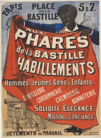 Place de la Bastille. Aux phares de la Bastille, Habillements pour Hommes, Jeunes Gens & Enfants by Lith. Van Geleyn, 1876…