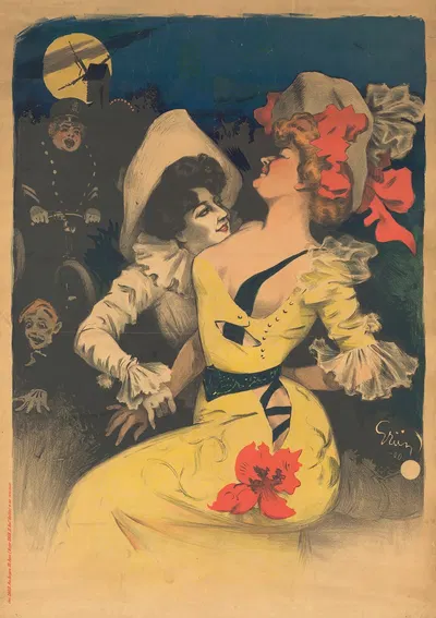 Un pierrot et une jeune femme en robe jaune, en haut à gauche, un moulin et un agent de police à byciclette by…