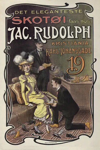 Det eleganteste Skotøi faas hos Jac. Rudolph, Kristiania, Karl Johansgade 19 by A. Sörensen, 1900 — digital art print…