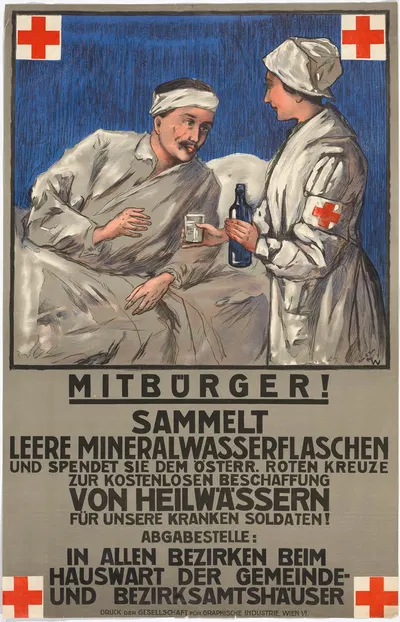 Mitbürger sammelt leere Mineralwasserflaschen by Gesellschaft für Graphische Industrie, 1917 — digital art print download