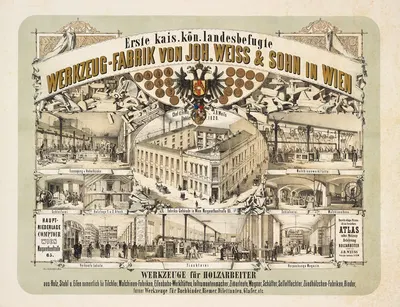 Werbelithographie der Holzwerkzeugfabrik Johann Weiss & Sohn, 5., Margaretenstraße 65 by Ladislaus Eugen Petrovits, 1863 —…