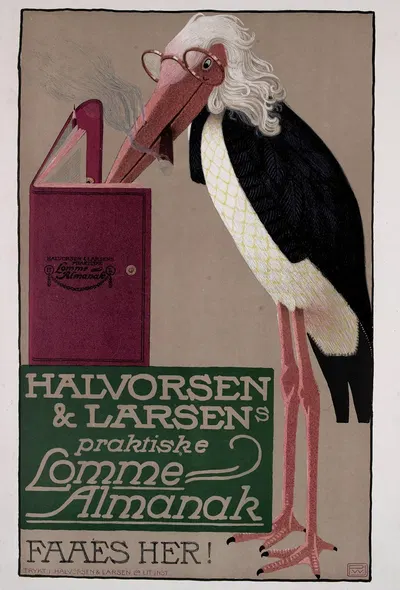 Halvorsen & Larsens praktiske Lomme-Almanak faaes her! by Peter Wilhelm Johannsen, 1915 — digital art print download