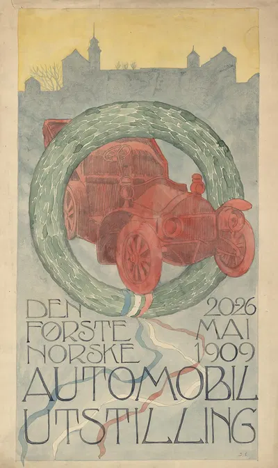 Den første norske Automobilutstilling i Christiania 20.-26. Mai 1909 by Severin Heiberg Segelcke, 1909 — digital art print…