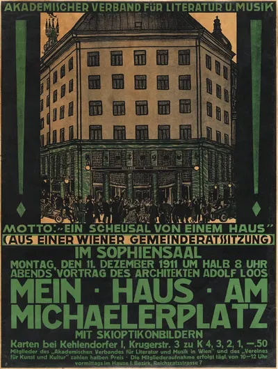 Plakat für den Vortrag 'Mein Haus am Michaelerplatz' von Adolf Loos am 11. Dezember 1911 by Урбан Янке, 1911 — digital art…