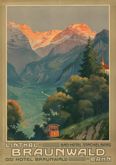Linthal-Braunwald-Bahn. Bad-Hotel Stachelberg und Hotel Braunwald by E. Winter, 1905 — digital art print download