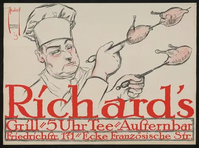 Richard's Grill. Koch mit aufgespießten Brathähnchen by Ernst Deutsch, 1913 — digital art print download