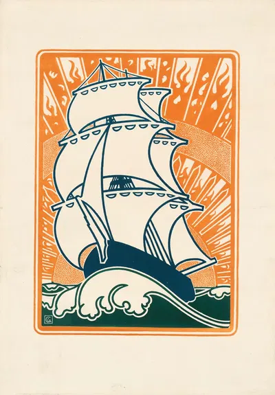 Großes Segelschiff vor Sonne am Horizont by Ghisbert Combaz, 1890 - 1895 — digital art print download