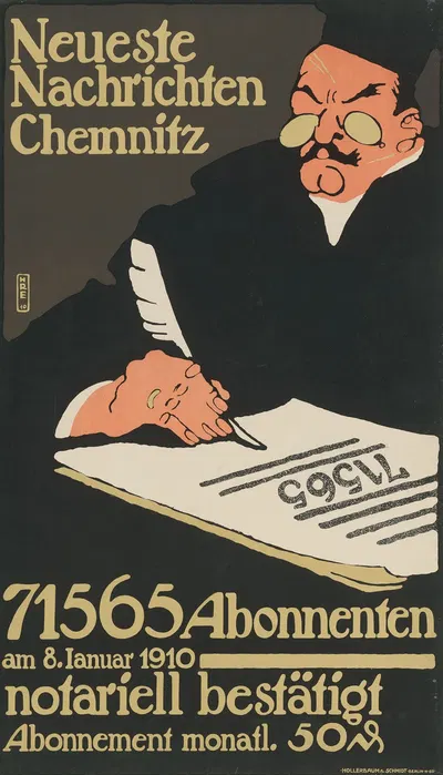 Neueste Nachrichten Chemnitz 71565 Abonnenten am 8.Januar 1910 by Ханс Руди Эрдв, 1910 — digital art print download