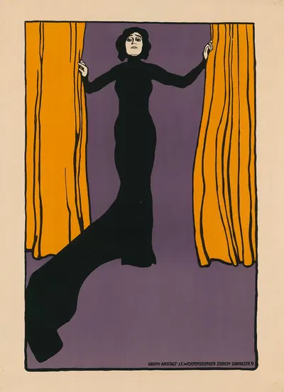 Frau in schwarzem Kleid zwischen Vorhang stehend by J. E. Wolfensberger, 1914 — digital art print download