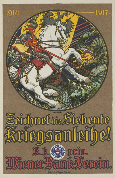 Werbe-Blatt des Wr. Bankvereins für die 8. Kriegsanleihe (der hl. Georg im Kampf mit dem Drachen) by Maximilian Lenz, 1918…