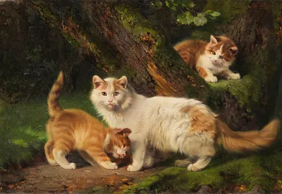 Cat family playing in the forest by Julius Adam the younger — digital art print download