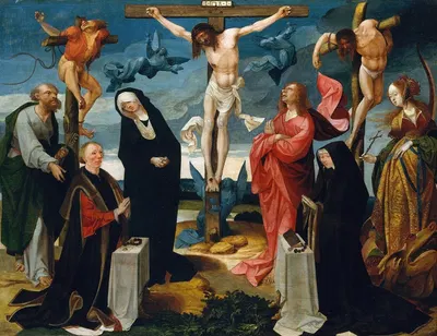 The Crucifixion with Donors and Saints Peter and Margaret by Корнелис Энгебрехтсз — digital art print download
