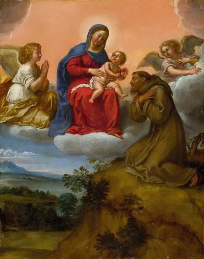 Virgin and Child Adored by Saint Francis by Francesco Albani, c. 1606 — digital art print download