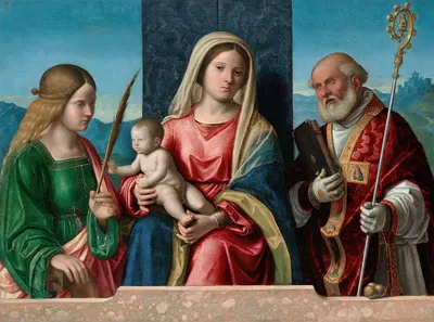 Virgin and Child with Saints Catherine and Nicholas by Giovanni Battista Cima da Conegliano — digital art print download