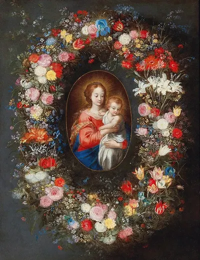 The Madonna and Child surrounded by a floral garland by Ян Брейгель младший — digital art print download
