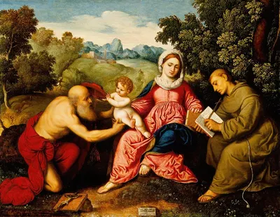 Madonna and Child with Saints Jerome and Francis by Paris Bordone, 1525 — digital art print download