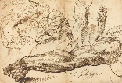 Studies of a Left Arm, a Young Woman, a Madonna and Child, a Face in Profile and Nude Figures by Бартоломео Пассаротти —…